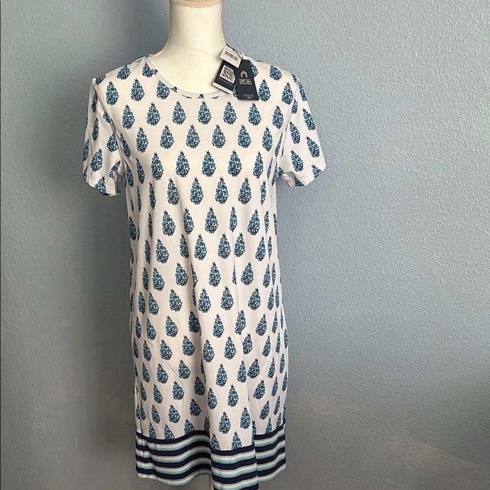 Cabana Life Blue Sheath Mini Dress Short Sleeve Crew Neck Casual